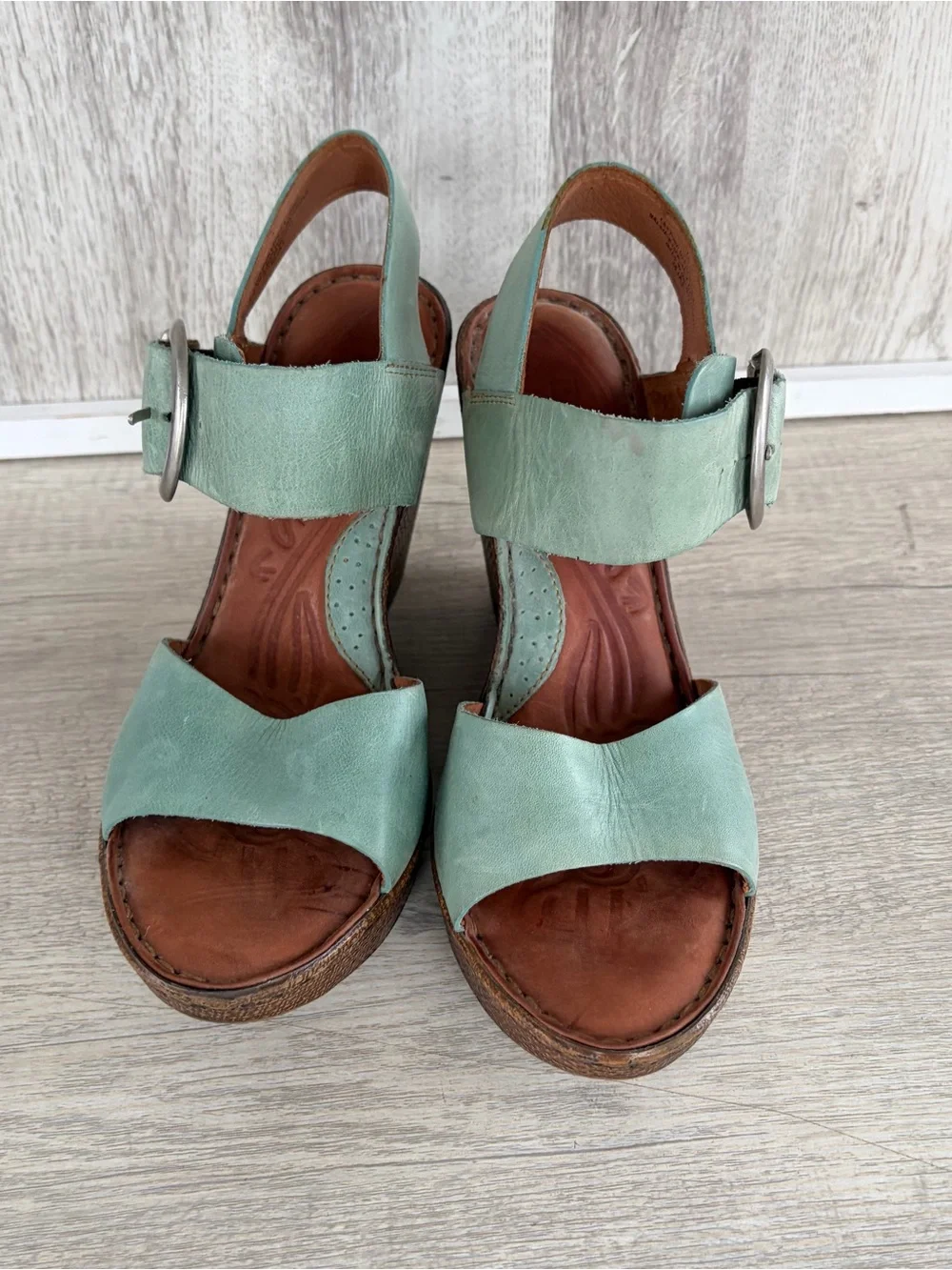 Born teal Wedge leather Sandals Basket weave heel women’s 8 Teal Blue Boho Beach